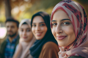 Smiling Group of Friends in Hijabs Enjoying Outdoor Gathering on a Sunny Day