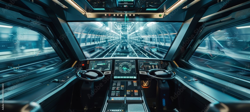 Aufkleber futuristic high-speed train cockpit with advanced control panel and panoramic view of railway in mot