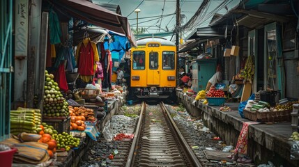 Bustling Southeast Asian Train Market with Vibrant Vendors and Passing Train