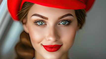 Beautiful smiling flight attendant or stewardess in an airplane. Professional in a classic uniform. The airplane is ready to take on board passengers. Illustration for advertising or presentation.