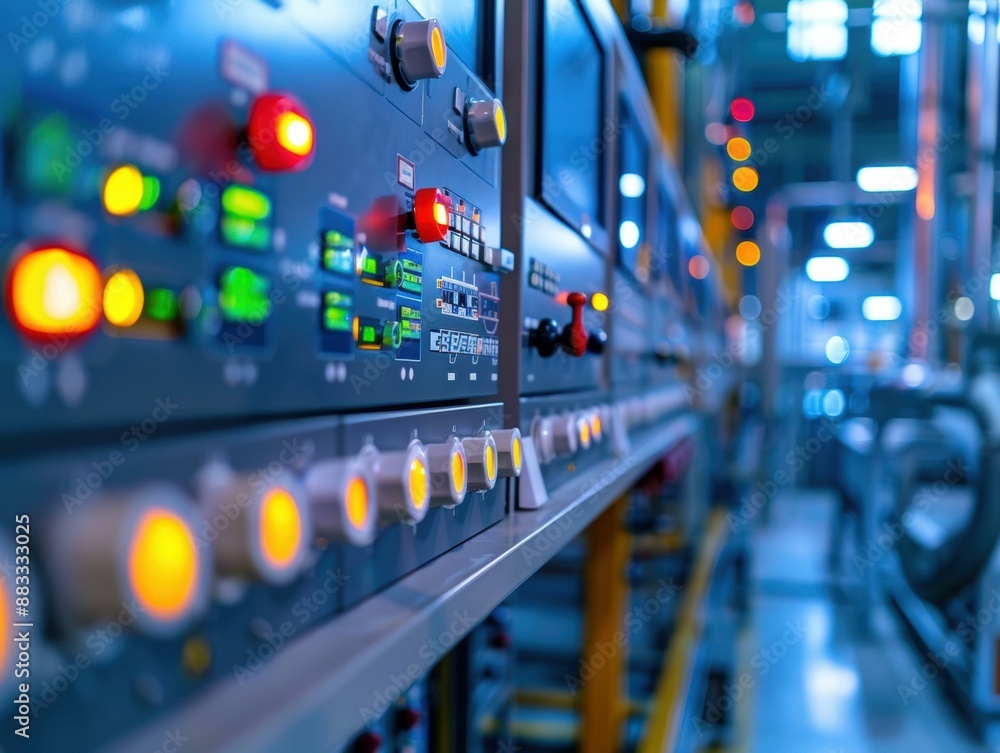Poster industrial control panel with various buttons and switches. ai.