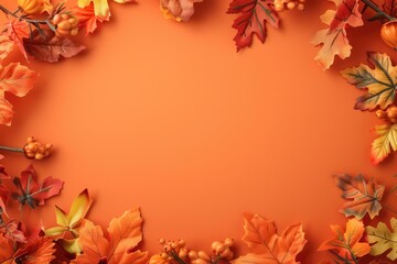 Obraz premium Autumn theme frame with colorful leaves on orange background. Copy space for text