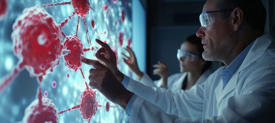 Researchers Analyzing Blood Cell Structures on Digital Screen - Scientific Discovery and Collaboration