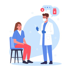 Cartoon doctor with patient. Doctor advising and diagnosing patient, medical worker and female patient flat vector illustration. Hospital professional worker with patient