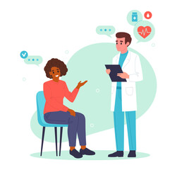 Doctor with patient. Medical worker and female patient, doctor advising and diagnosing patient flat vector illustration. Hospital professional worker with patient