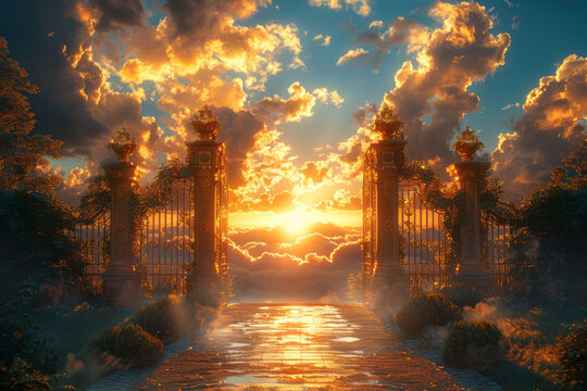 Majestic golden gates opening to a heavenly light, with ethereal clouds and a radiant sky,