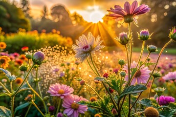 Fototapeta premium a bouquet of wildflowers in a rustic vase, Rustic vase with colorful wildflowers on weathered wooden surface