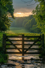 Fototapeta premium Heavenly gates with a soft, divine light shining through, leading to an idyllic landscape of rolling hills and crystal-clear rivers,