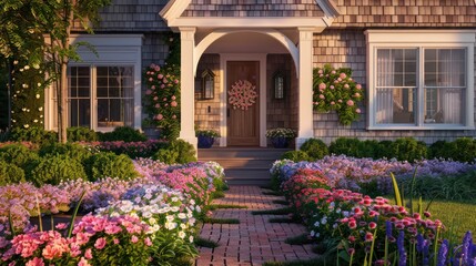 The front yard of a Suburban Cape Cod home with a flower-lined walkway leading to a quaint, arched doorway