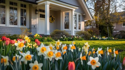 The front yard of a Suburban Cape Cod home during spring, blooming with daffodils and tulips, creating a burst of color