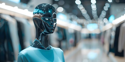 Holographic mannequin showcases fashion trends allowing virtual outfit tryons for shoppers. Concept Virtual Try-on Technology, Fashion Trends, Holographic Mannequin, Shopping Innovation