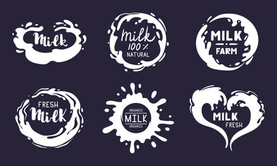 Milk flows logos. Cartoon milk splash labels, cow or goat white dairy product splash drops with lettering flat vector illustration set. Milky splash logo collection