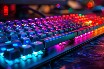 Close-up of a gamer's hands on a keyboard and mouse, with neon lighting creating a dramatic effect.
