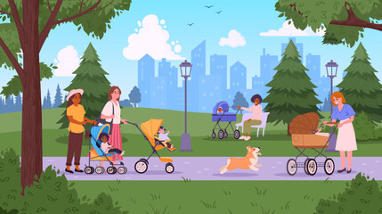 Moms wheels baby strollers. Young mothers walking with children in wheeling carriages, women walk in park with pushchairs flat vector illustration. Parenting, motherhood scene