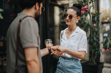 Colleagues having an outdoor business meeting, shaking hands and holding coffee. Professional interaction and collaboration concept.