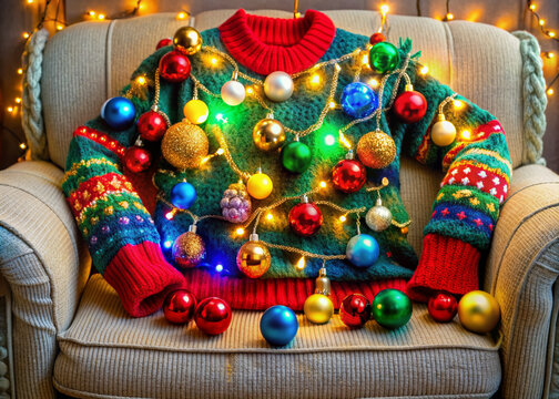 Vibrant, tacky, and over-the-top holiday sweater with flashing lights, pom-poms, and sequins, sprawled on a couch or armchair, surrounded by festive decorations and ornaments.