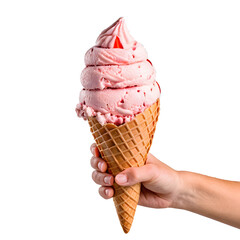 Hand Holding Strawberry Ice Cream cone isolated on transparent background