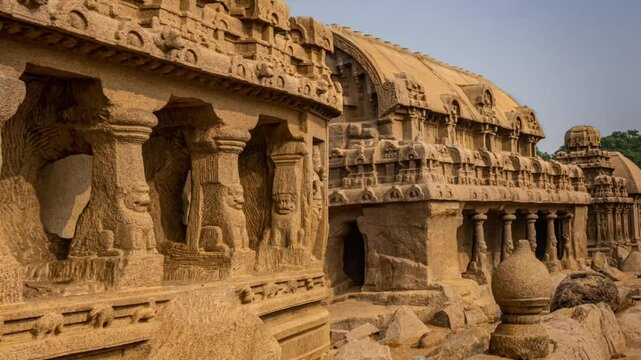 Exclusive Monolithic - Five Rathas or Panch Rathas are UNESCO World Heritage Site located at Great South Indian architecture. World Heritage in South India, Tamil Nadu, Mamallapuram or Mahabalipuram.	