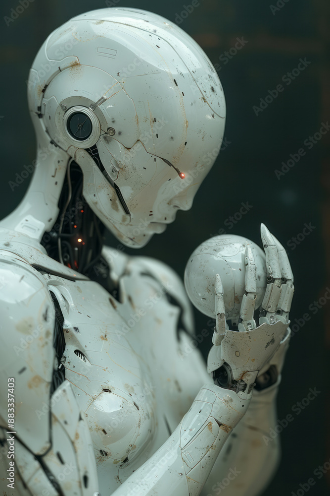 Poster close-up of a robotic claw grabbing a smooth, sphere-like figure, set against a solid color backdrop