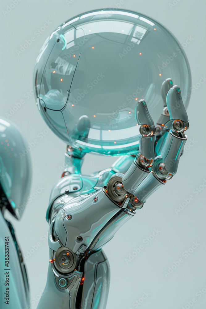 Poster close-up of a robotic claw grabbing a smooth, sphere-like figure, set against a solid color backdrop
