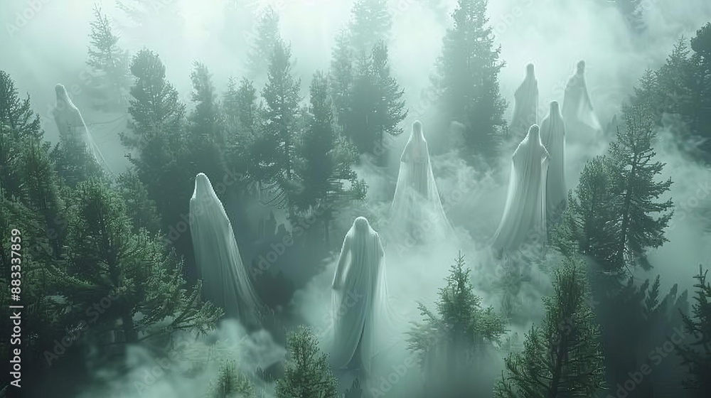 Fototapete craft a chilling overhead shot of a fog-covered forest where ghostly figures dressed in avant-garde,
