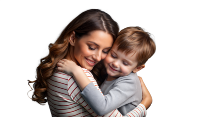 A mother and son embrace in a heartwarming hug, showing love and affection.