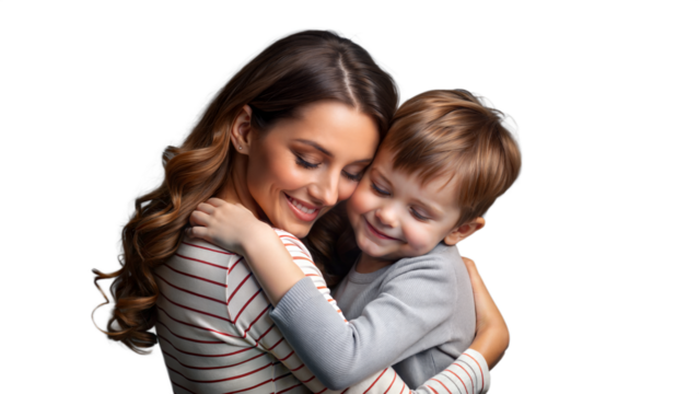 A mother and son embrace in a heartwarming hug, showing love and affection.