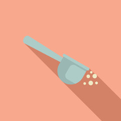 Simple flat design icon of a metal measuring spoon pouring white powder with a long shadow on a pink background