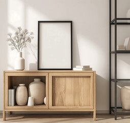 Fototapeta premium Bright Interior with Empty Poster Mock-up Template on Wooden Cabinet and Decorative Vases