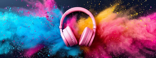 Fototapeta premium A black background hosts a pink cloud of powder, topped with two pink headphones