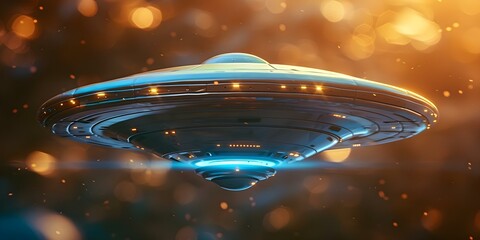 Closeup of UFO spaceship on isolated background symbolizing alien abduction. Concept UFO Spaceship, Alien Abduction, Closeup Shot, Isolated Background