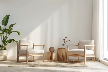 3D Rendering of Modern Living Room with White Wall Mockup and Wooden Furniture

