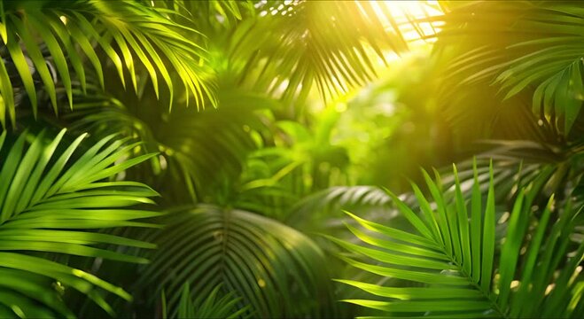Trendy Balinese summer background with floral pattern, green palm leaves, art wallpaper, summer colors, blur, botanical tropical leaves, sunlight and shadows.