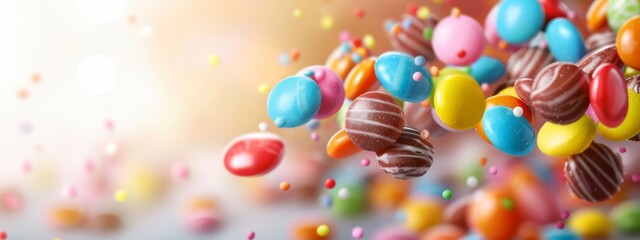  A collection of candies suspended in the air, surrounded by drifting confetti and sprinkles