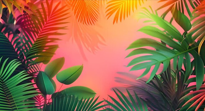 Fashionable summer pink Balinese background with floral pattern, green palm leaves, art wallpaper, summer colors, blur, botanical tropical leaves, sunlight and shadows.