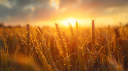 Obraz premium Golden ripe ears of wheat on nature in summer field at sunset rays of sunshine, close-up macro. Ultra wide format.