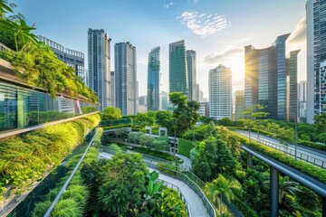 Fototapeta premium Eco-Friendly Urban Oasis: Modern Green Architecture Showcases Sustainable Business Practices and Commitment to Environmental, Social, and Governance (ESG) Initiatives.