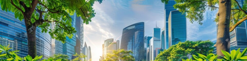 Naklejka premium Eco-Friendly Urban Oasis: Modern Green Architecture Showcases Sustainable Business Practices and Commitment to Environmental, Social, and Governance (ESG) Initiatives.