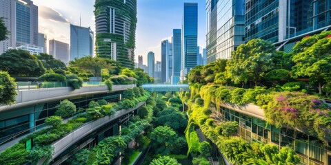 Fototapeta premium Eco-Friendly Urban Oasis: Modern Green Architecture Showcases Sustainable Business Practices and Commitment to Environmental, Social, and Governance (ESG) Initiatives.