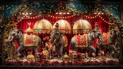 Fototapeta premium Three elephants on a circus display case with bright illumination and accessories, against the background of circus decorations.