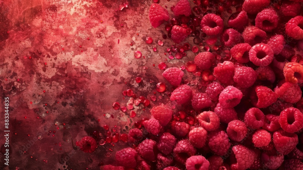 Poster Close-up of numerous fresh raspberries on a textured red background with scattered juice droplets. Perfect for food textures and culinary projects.