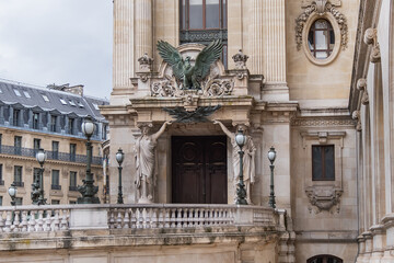 Architectural details of famous neo-baroque building Opera National de Paris. Grand Opera (Garnier...