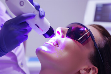 Dentist using ultraviolet light to whiten teeth.