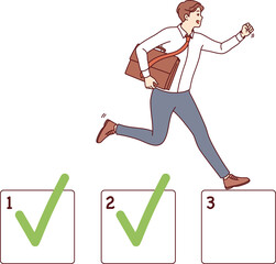 Business man is engaged in task management and marking already completed projects, running through checkboxes with ticks. Manager prioritizes jobs using task management and planning