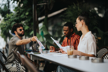 Diverse group of professionals collaborating and discussing documents at an outdoor cafe, emphasizing teamwork and communication.