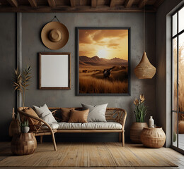 Mockup frame in nomadic boho interior background with rustic decor, 3d render