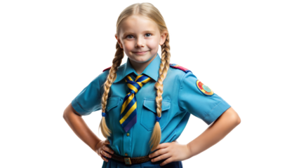 Young Girl Wearing Blue Scout Uniform With Braids and Tie