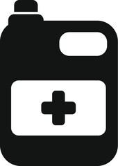 Black plastic bottle containing medical solution with cross symbol