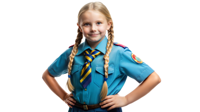 Young Girl Wearing Blue Scout Uniform With Braids and Tie