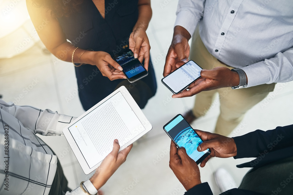 Poster tablet, phone screen and hands of people in circle for data sharing, meeting or collaboration with c